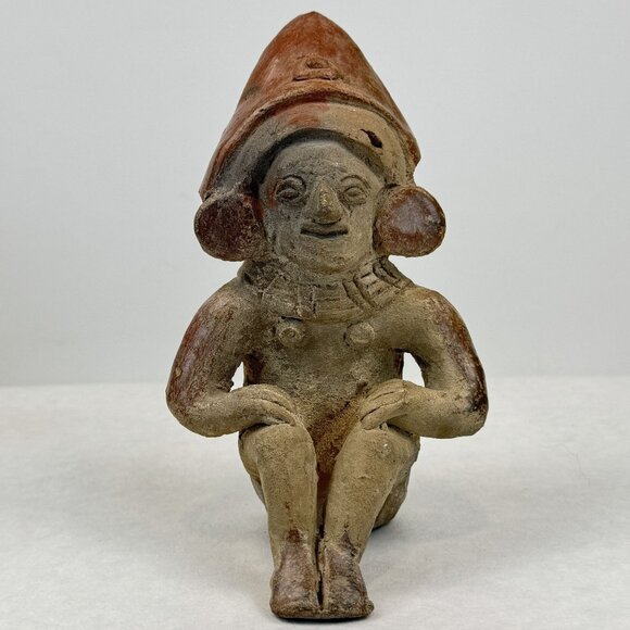 Ecuador Other - Vintage Handmade Ecuadorian Clay Sitting Figurine With Hat Earrings 6 inches